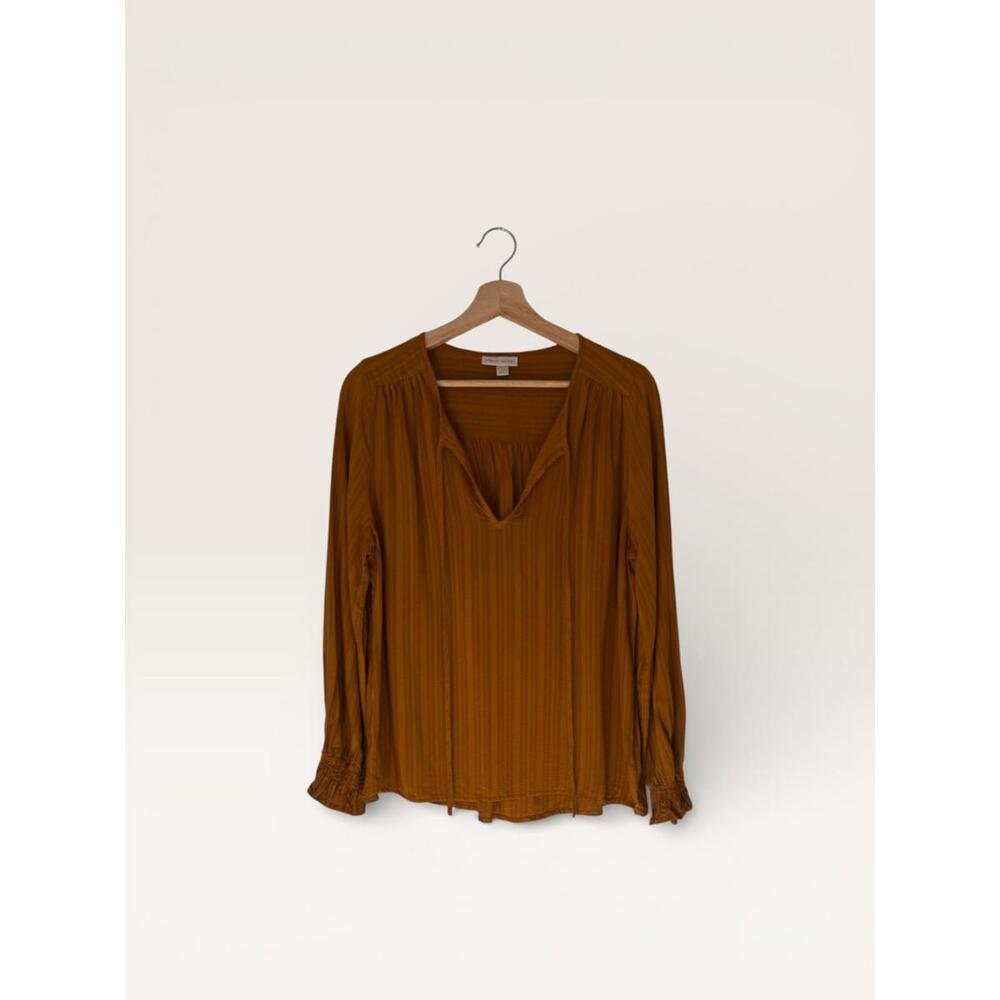 Boho Rust Orange Brown Long Sleeve Peasant Blouse with Tie Neck